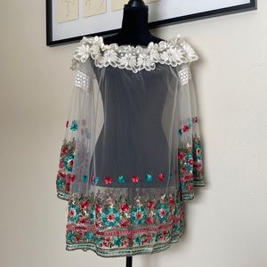 Monaco white sheer dress with embroidered trim